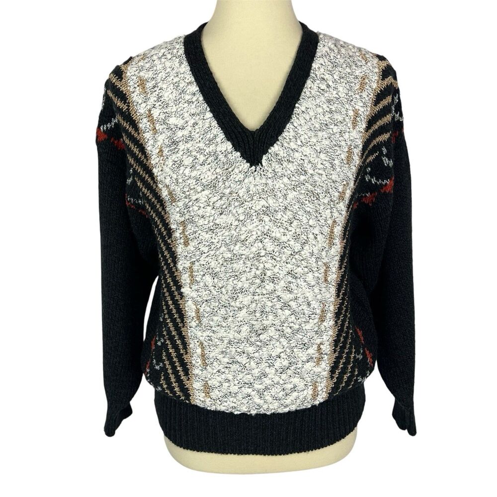 Vintage 80s Carducci Womens Wool Blend Sweater Black Gold Silver Metallic Medium